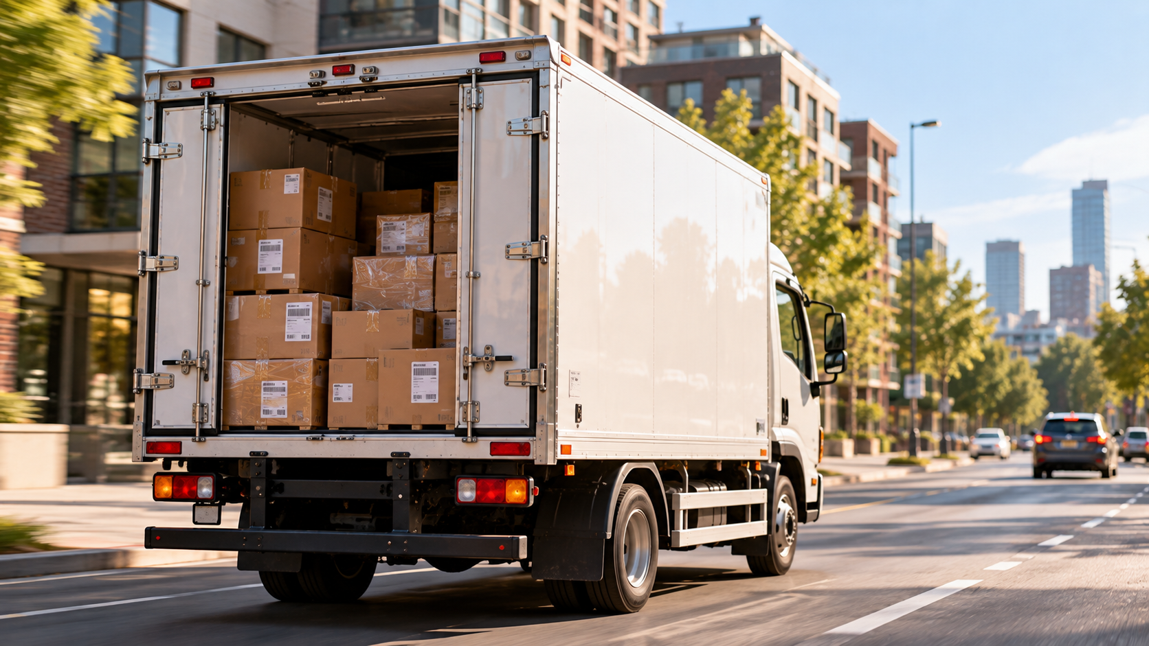 A delivery truck arriving with goods for a shop