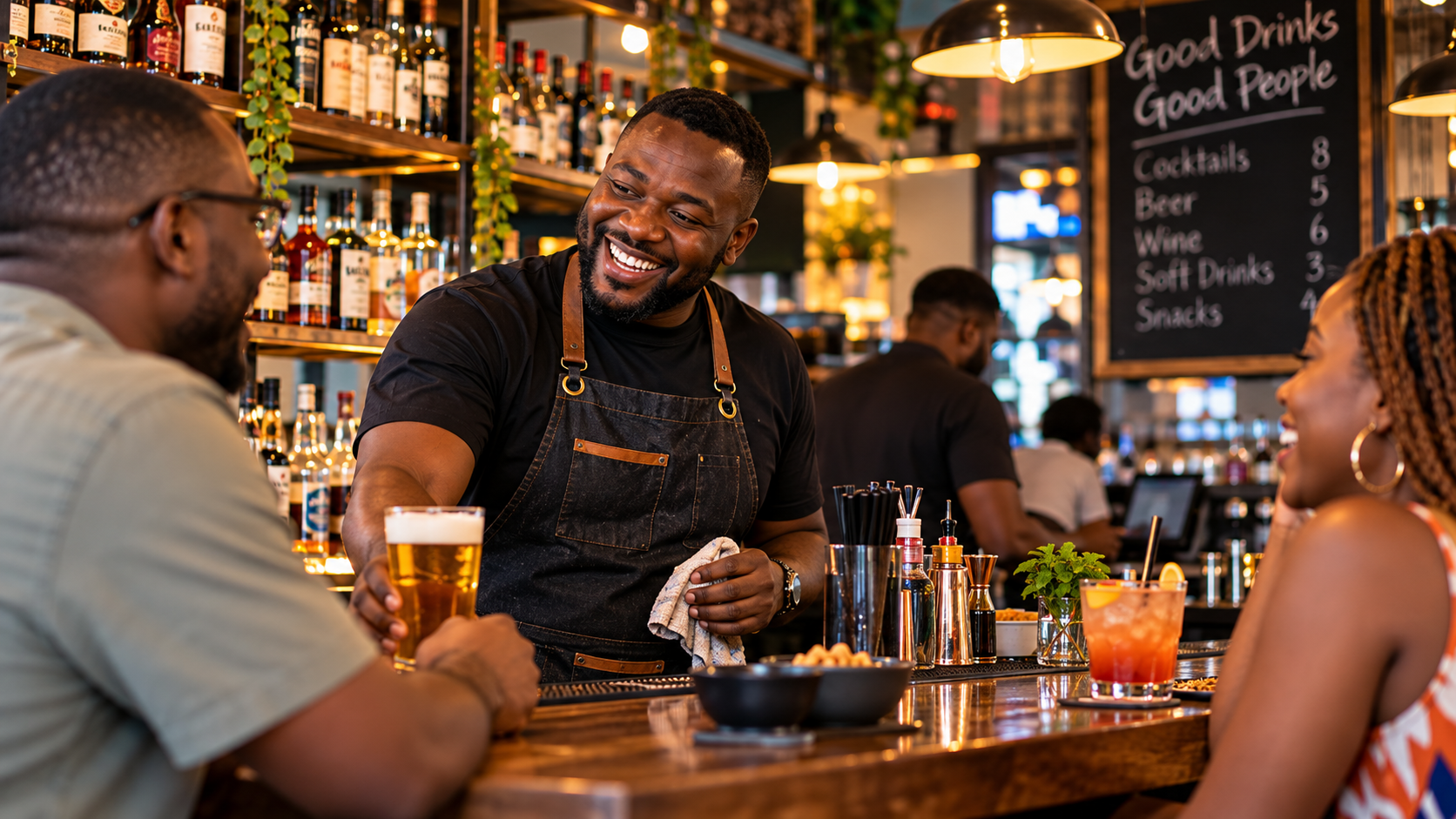 A bartender serving customers at his bar