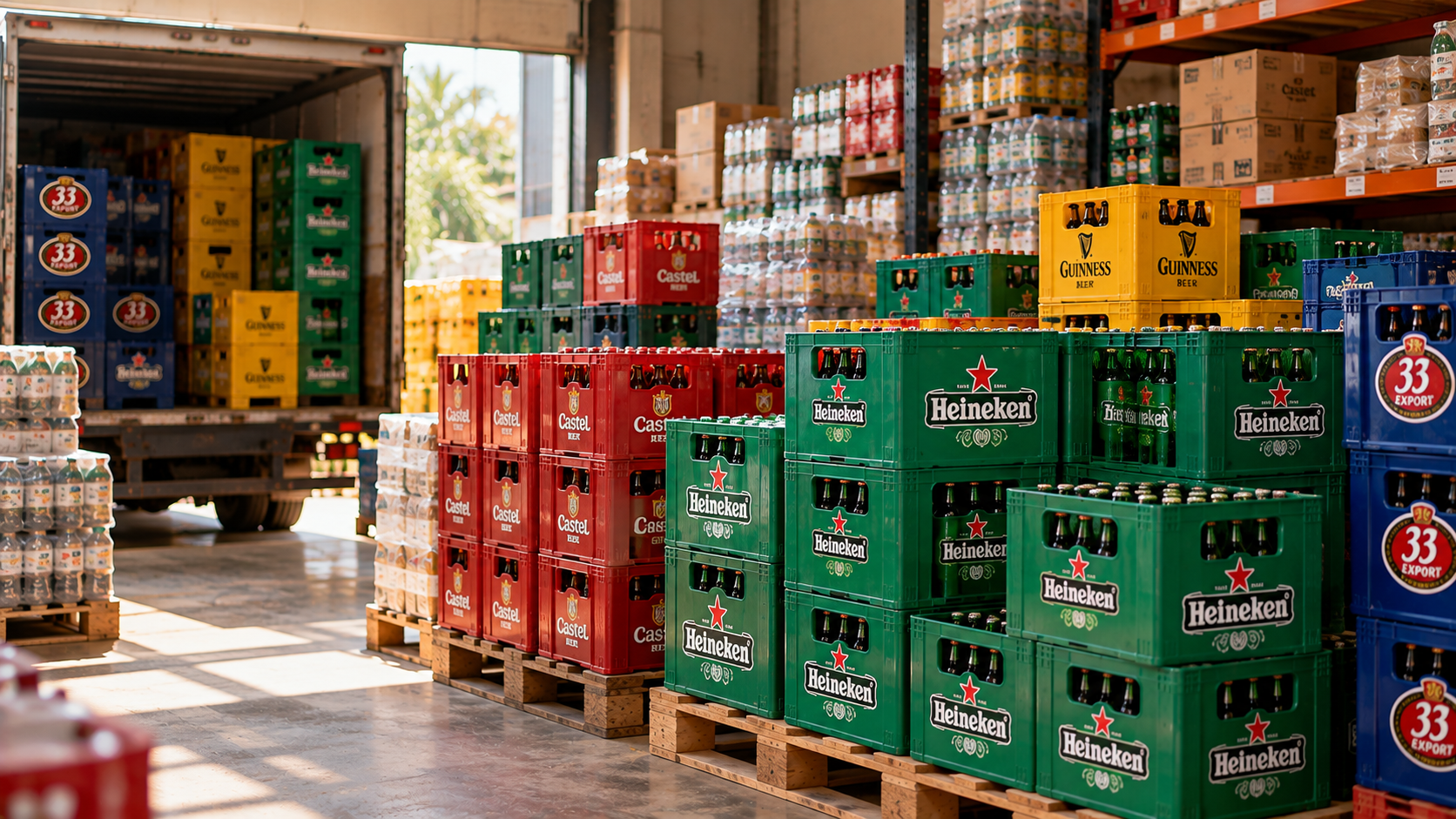 Crates of drinks stacked in a distributor's depot