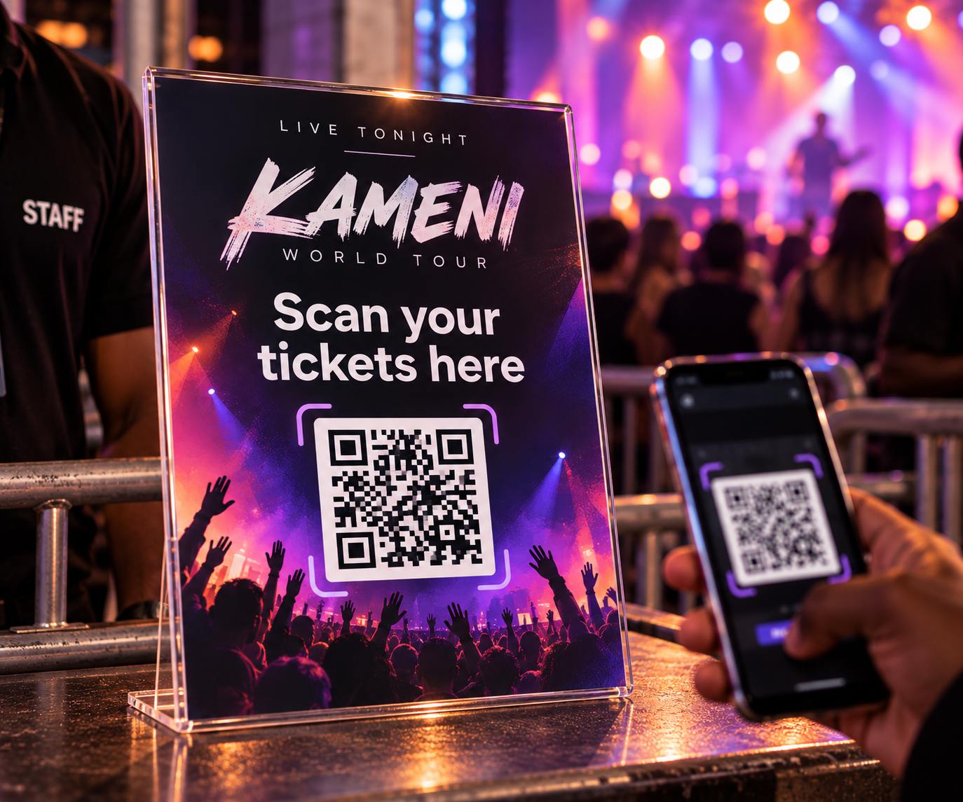 A visitor scanning a concert ticket QR code with their phone at a venue entrance
